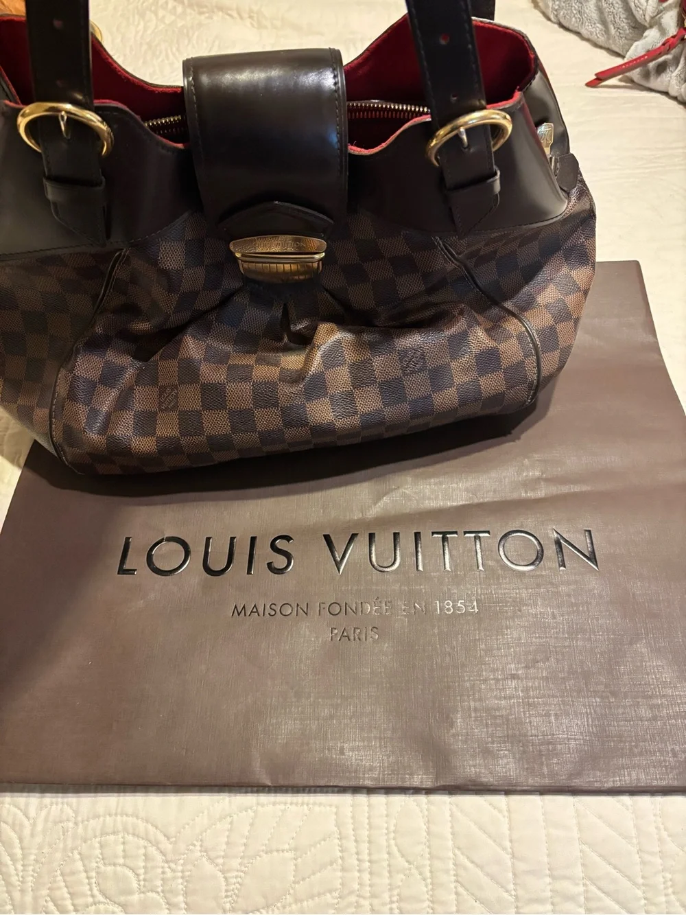 Louis Vuitton Damier Ebene Shoulder Bag with Gold Hardware